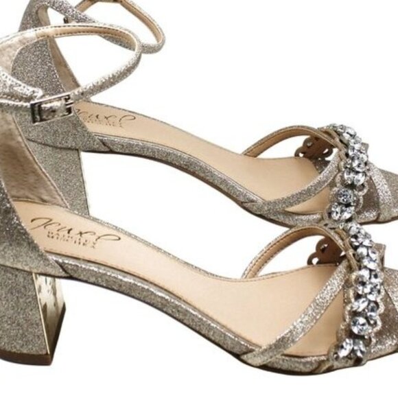 Jewel Badgley Mischka Gold Block Heel Evening Sandals - Picture 2 of 8